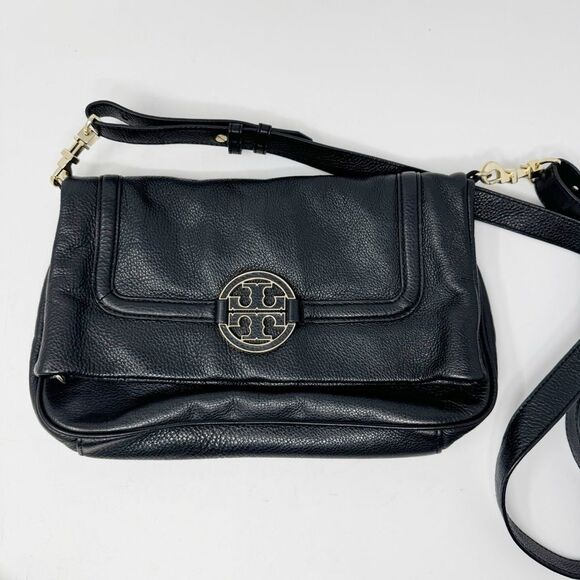 TORY BURCH | Amanda Leather Black & Gold Foldover Adjustable Crossbody Purse Bag - Picture 1 of 14